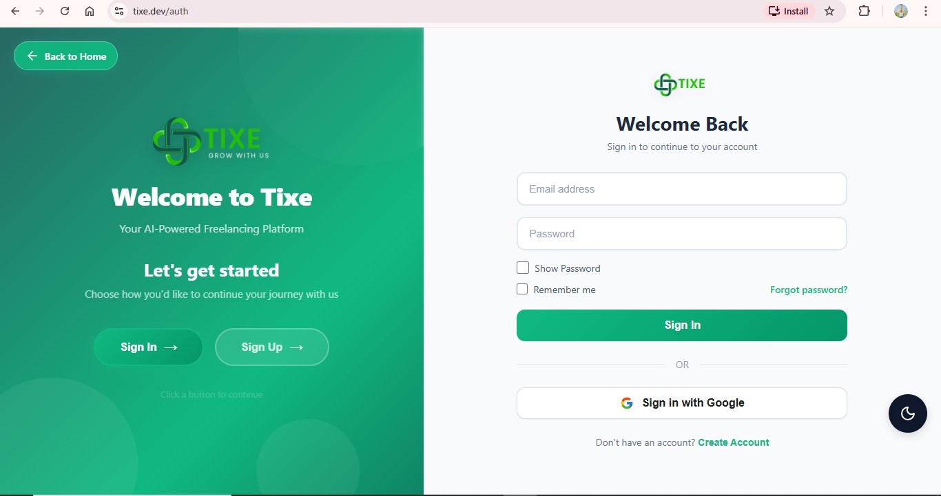TIXE Auth Page